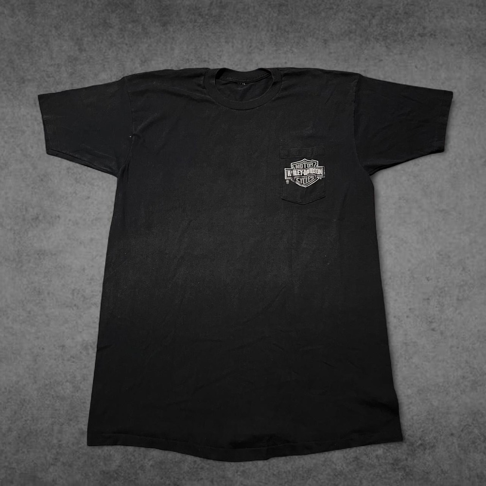 Vintage 1983 Harley Davidson Rockville MD Eagle Graphic Pocket T-Shirt Black L
